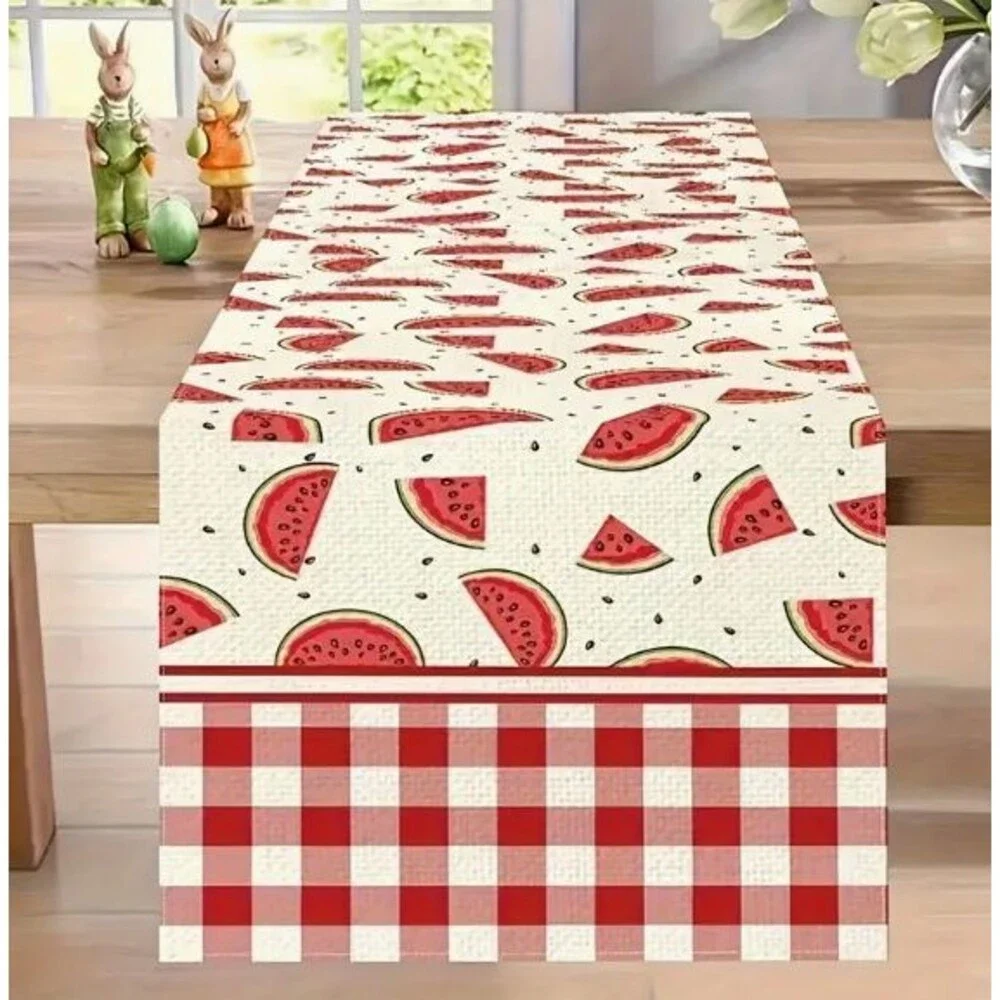 Table Runner 13x72in Woven Polyester Watermelons Red Checks Summer NEW